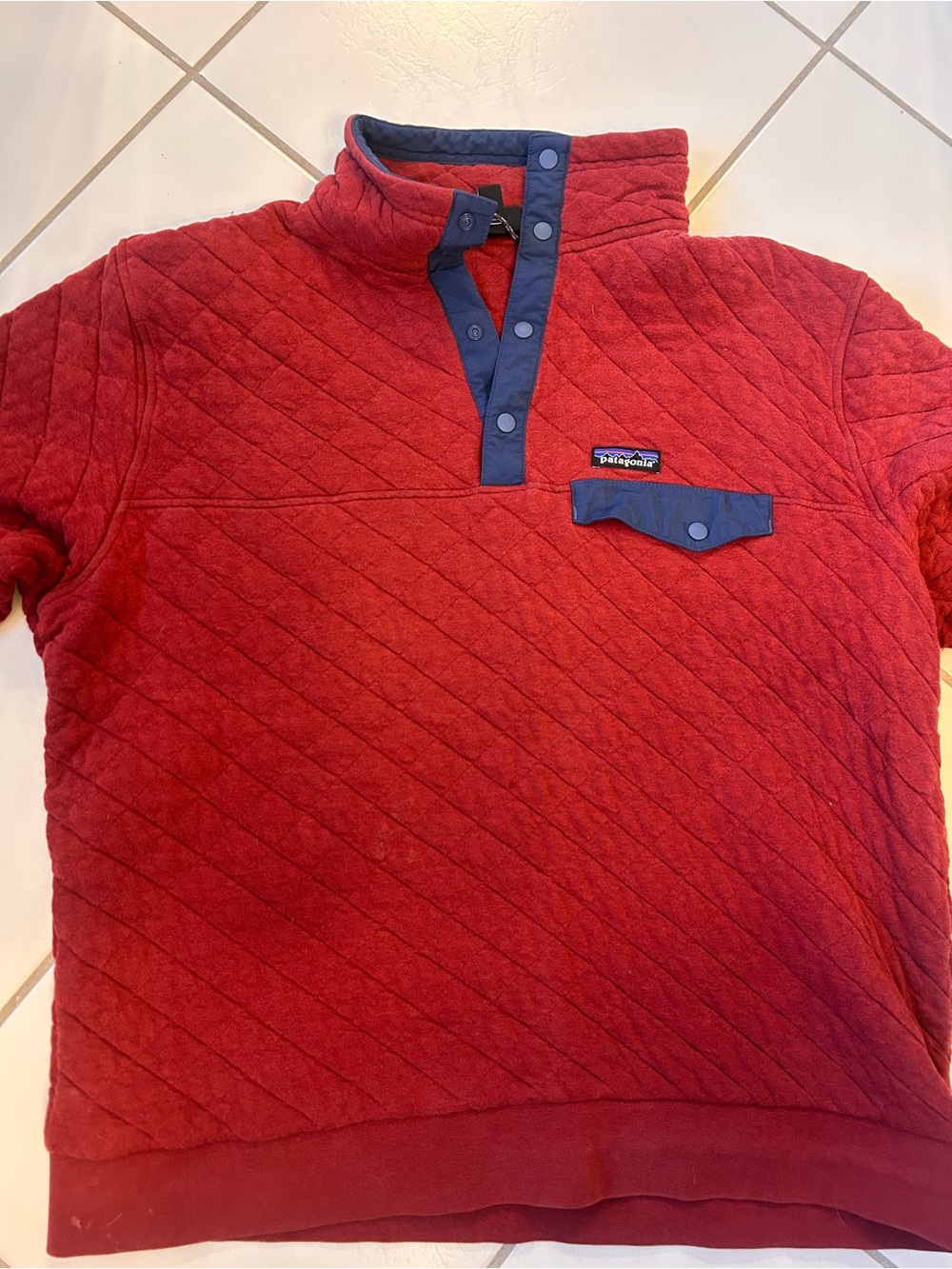 Patagonia Mens XL Quilted Fleece Snap Pullover in Red with Navy Trim